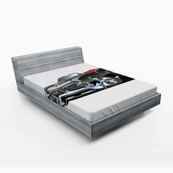Ambesonne Cartoon Fitted Sheet, Nostalgic Sports Car, Full Size, Pale Grey Blue
