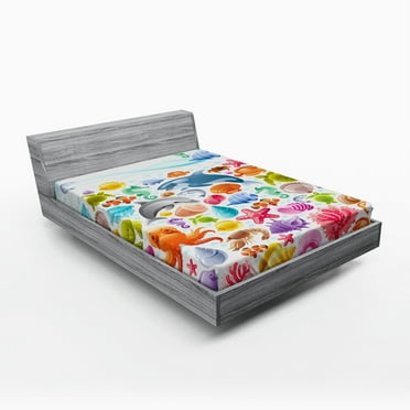Ambesonne Cartoon Fitted Sheet, Ocean Fauna Design, Full Size, Multicolor