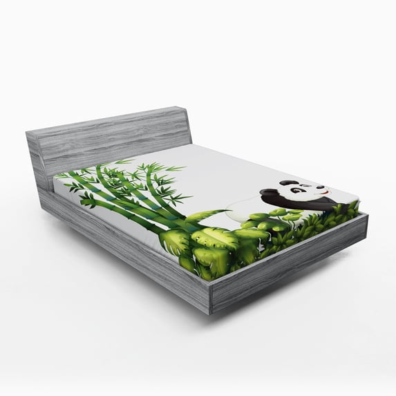 Ambesonne Cartoon Fitted Sheet, Panda Bear Funny Forest, Full Size, White Black and Green