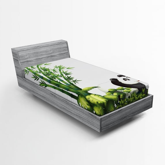 Ambesonne Cartoon Fitted Sheet, Panda Bear Funny Forest, Twin Size, White Black and Green
