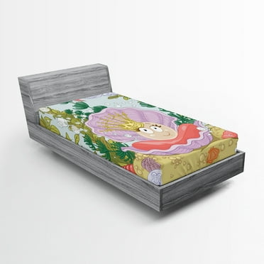 Ambesonne Cartoon Fitted Sheet, Pearl on Shell, Twin Size, Multicolor