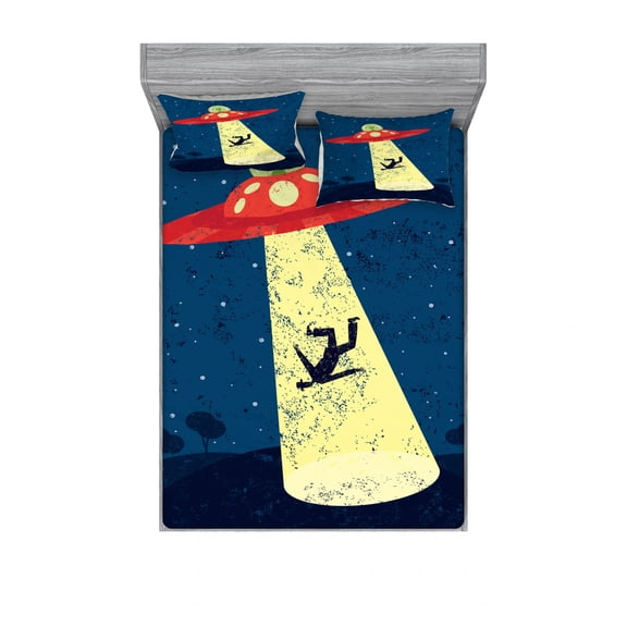 Ambesonne Cartoon Fitted Sheet & Pillow Sham Set, Alien Abduction Space, Full, Blue and Yellow