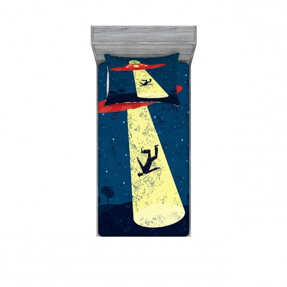 Ambesonne Cartoon Fitted Sheet & Pillow Sham Set, Alien Abduction Space, Twinxl, Blue and Yellow