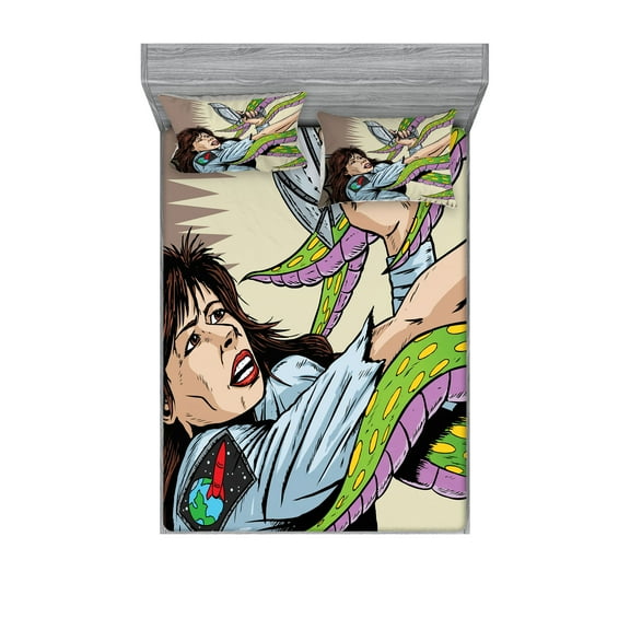 Ambesonne Cartoon Fitted Sheet & Pillow Sham Set, Alien Attack Astronaut, Queen, Multicolor