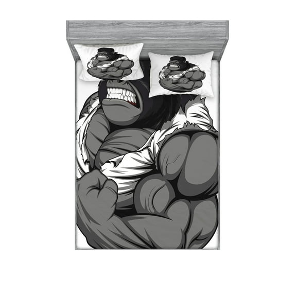 Ambesonne Cartoon Fitted Sheet & Pillow Sham Set, Animal Athlete Gorilla, Full, Black White Grey