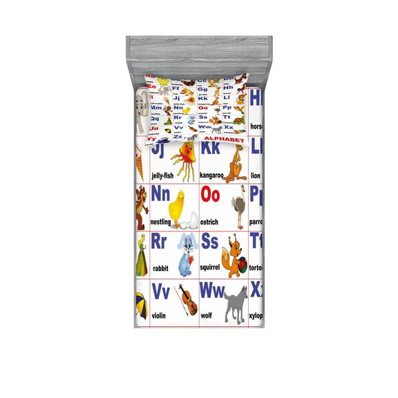 Ambesonne Cartoon Fitted Sheet & Pillow Sham Set, Animal Theme Letter Design, Twin, Multicolor