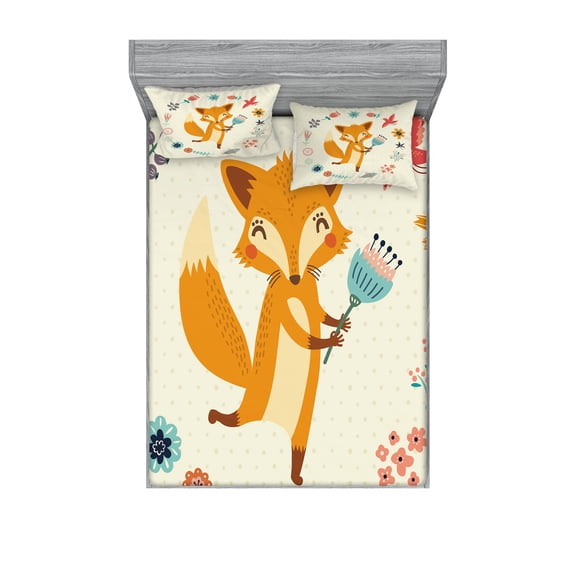 Ambesonne Cartoon Fitted Sheet & Pillow Sham Set, Animal with Floral, Full, Almond Green Eggshell