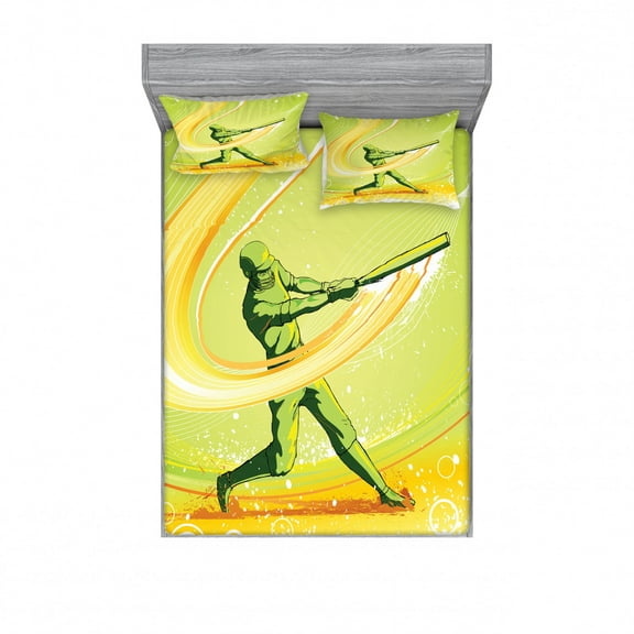 Ambesonne Cartoon Fitted Sheet & Pillow Sham Set, Baseball Player Hits, Full, Green Yellow