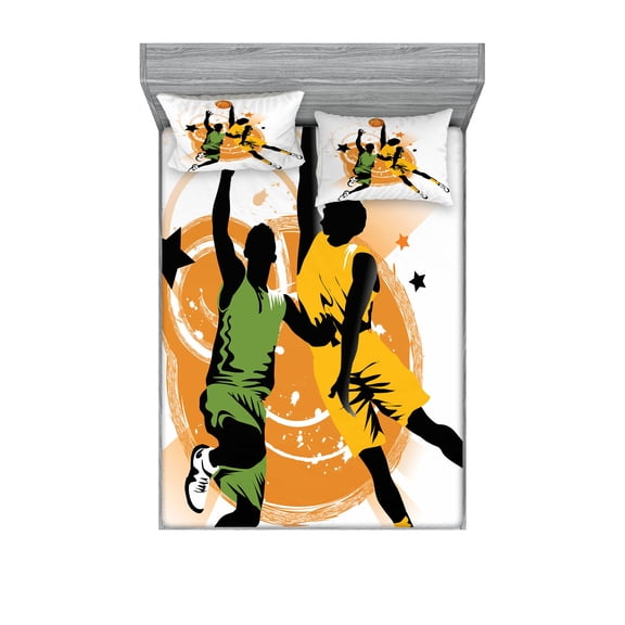 Ambesonne Cartoon Fitted Sheet & Pillow Sham Set, Basketball Players Art, Queen, Orange Green