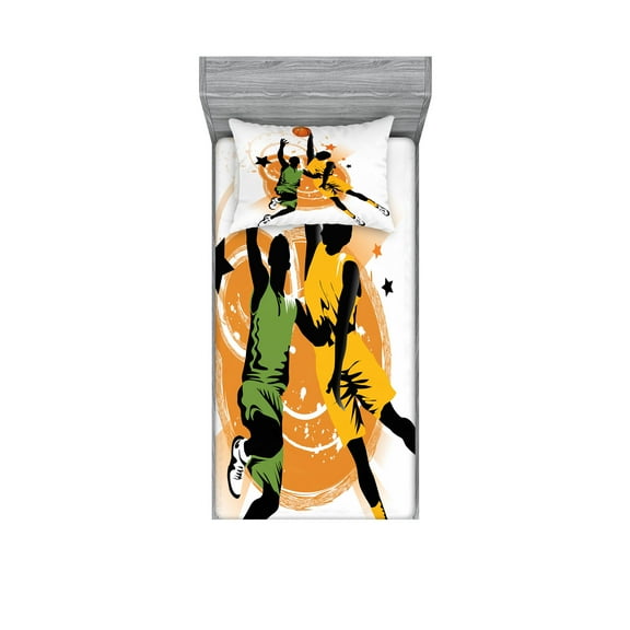 Ambesonne Cartoon Fitted Sheet & Pillow Sham Set, Basketball Players Art, Twin, Orange Green