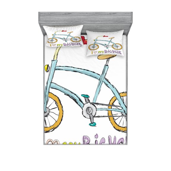 Ambesonne Cartoon Fitted Sheet & Pillow Sham Set, Bicycle Love Words, Full, Multicolor