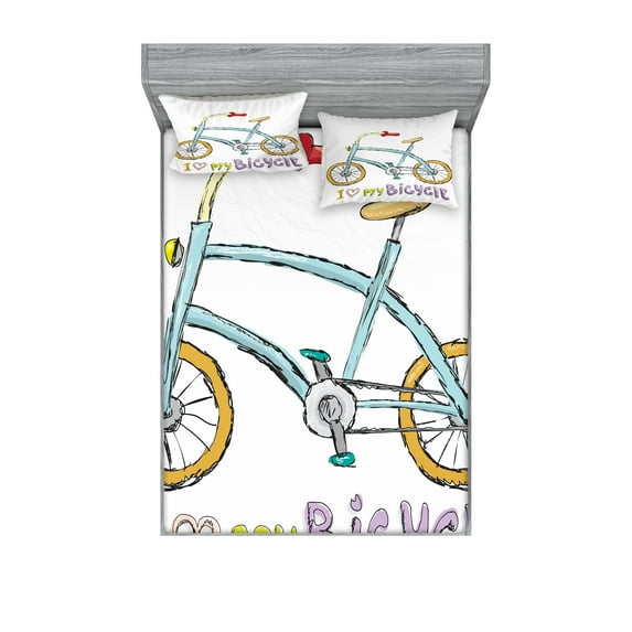 Ambesonne Cartoon Fitted Sheet & Pillow Sham Set, Bicycle Love Words, Queen, Multicolor