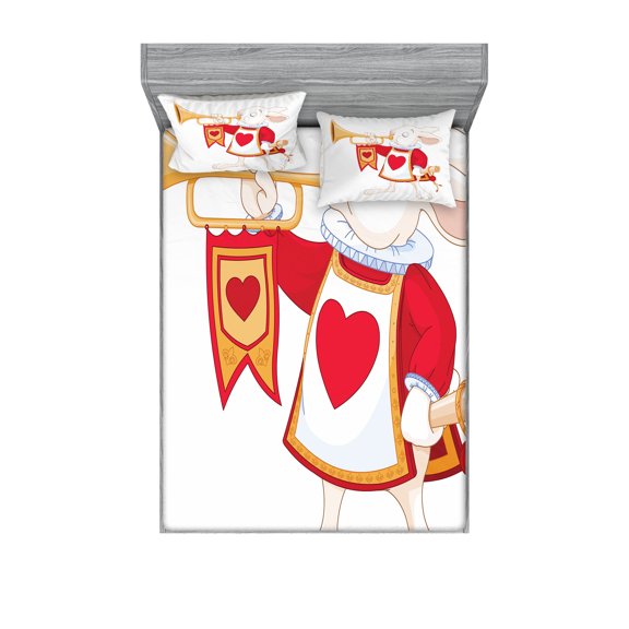 Ambesonne Cartoon Fitted Sheet & Pillow Sham Set, Bunny, Queen, Yellow White Red