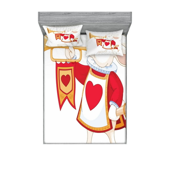 Ambesonne Cartoon Fitted Sheet & Pillow Sham Set, Bunny, Queen, Yellow White Red