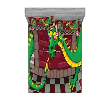 Ambesonne Cartoon Fitted Sheet & Pillow Sham Set, Castle with Dragon, Queen, Ruby Green