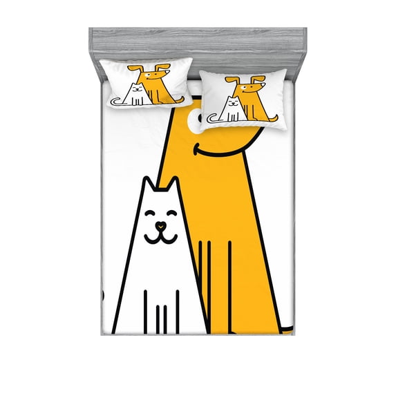 Ambesonne Cartoon Fitted Sheet & Pillow Sham Set, Cats and Dogs Friends, Full, Black White and Apricot