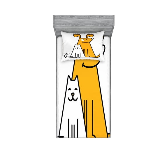 Ambesonne Cartoon Fitted Sheet & Pillow Sham Set, Cats and Dogs Friends, Twin, Black White and Apricot