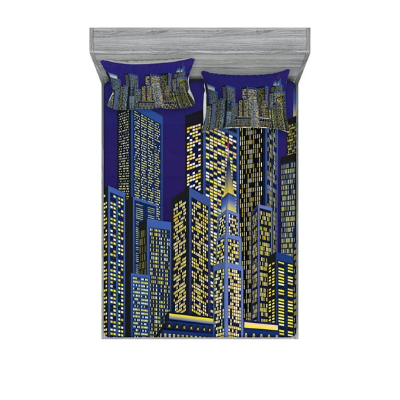 Ambesonne Cartoon Fitted Sheet & Pillow Sham Set, Cityscape Square Blue, Full, Dark Blue and Yellow