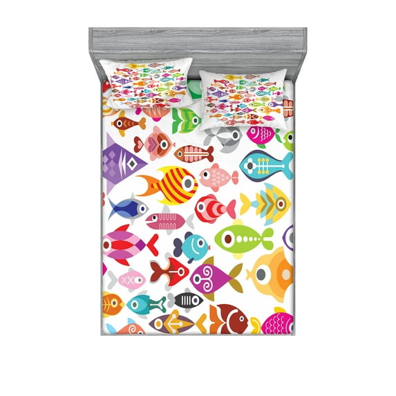 Ambesonne Cartoon Fitted Sheet & Pillow Sham Set, Colorful Aquarium Fishes, King, Multicolor