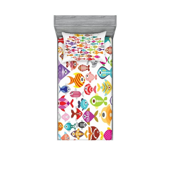 Ambesonne Cartoon Fitted Sheet & Pillow Sham Set, Colorful Aquarium Fishes, Twinxl, Multicolor
