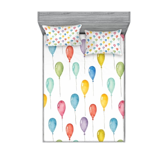 Ambesonne Cartoon Fitted Sheet & Pillow Sham Set, Colorful Festive Balloons, Full, Multicolor