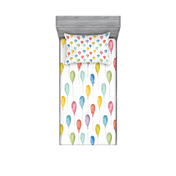 Ambesonne Cartoon Fitted Sheet & Pillow Sham Set, Colorful Festive Balloons, Twin, Multicolor