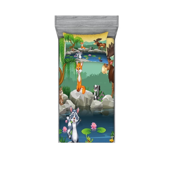 Ambesonne Cartoon Fitted Sheet & Pillow Sham Set, Colorful Scene of Animals, Twinxl, Lime Green and Multicolor