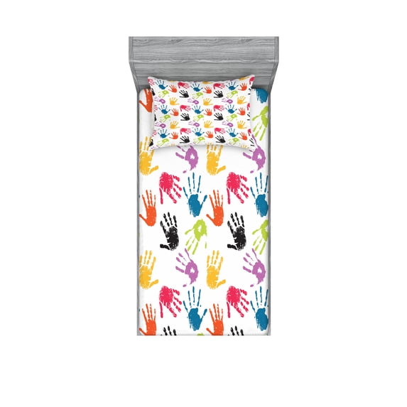 Ambesonne Cartoon Fitted Sheet & Pillow Sham Set, Colorful, Twin, Yellow Teal and Red