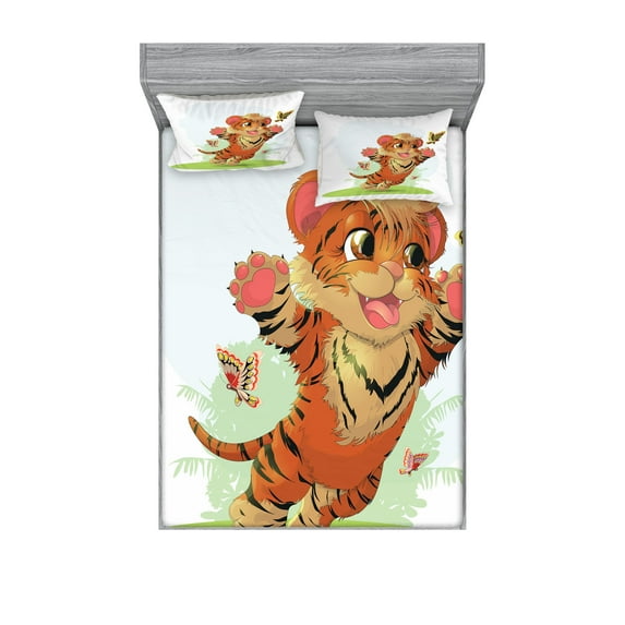 Ambesonne Cartoon Fitted Sheet & Pillow Sham Set, Cub with Butterflies, Full, Orange Cream Green
