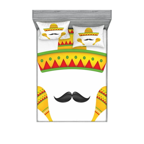 Ambesonne Cartoon Fitted Sheet & Pillow Sham Set, Famous Mexican, Queen, Yellow