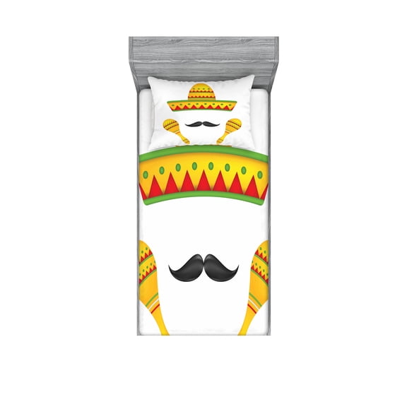 Ambesonne Cartoon Fitted Sheet & Pillow Sham Set, Famous Mexican, Twinxl, Yellow