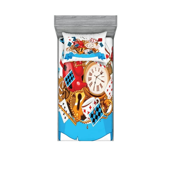 Ambesonne Cartoon Fitted Sheet & Pillow Sham Set, Fantasy World Cards Clocks, Twin, Multicolor