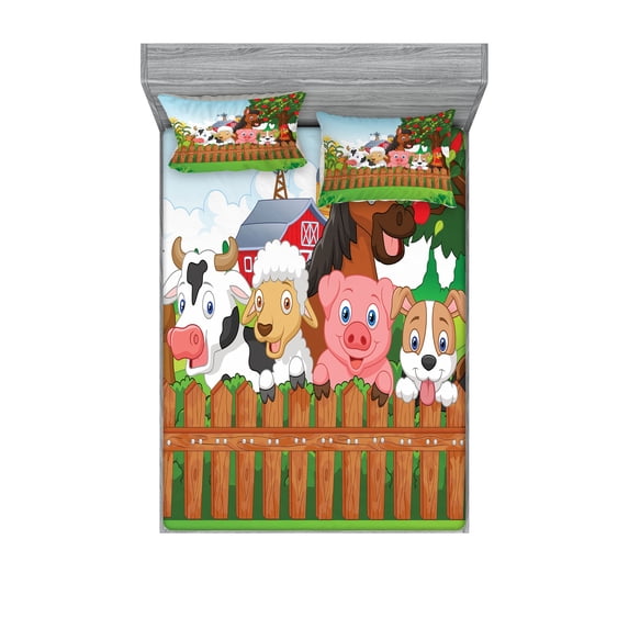 Ambesonne Cartoon Fitted Sheet & Pillow Sham Set, Farm Animals Mascots, Queen, Multicolor