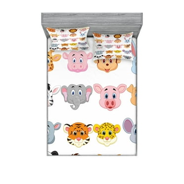 Ambesonne Cartoon Fitted Sheet & Pillow Sham Set, Farm and Savannah Animals, Full, Multicolor