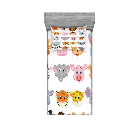 Ambesonne Cartoon Fitted Sheet & Pillow Sham Set, Farm and Savannah Animals, Twin, Multicolor
