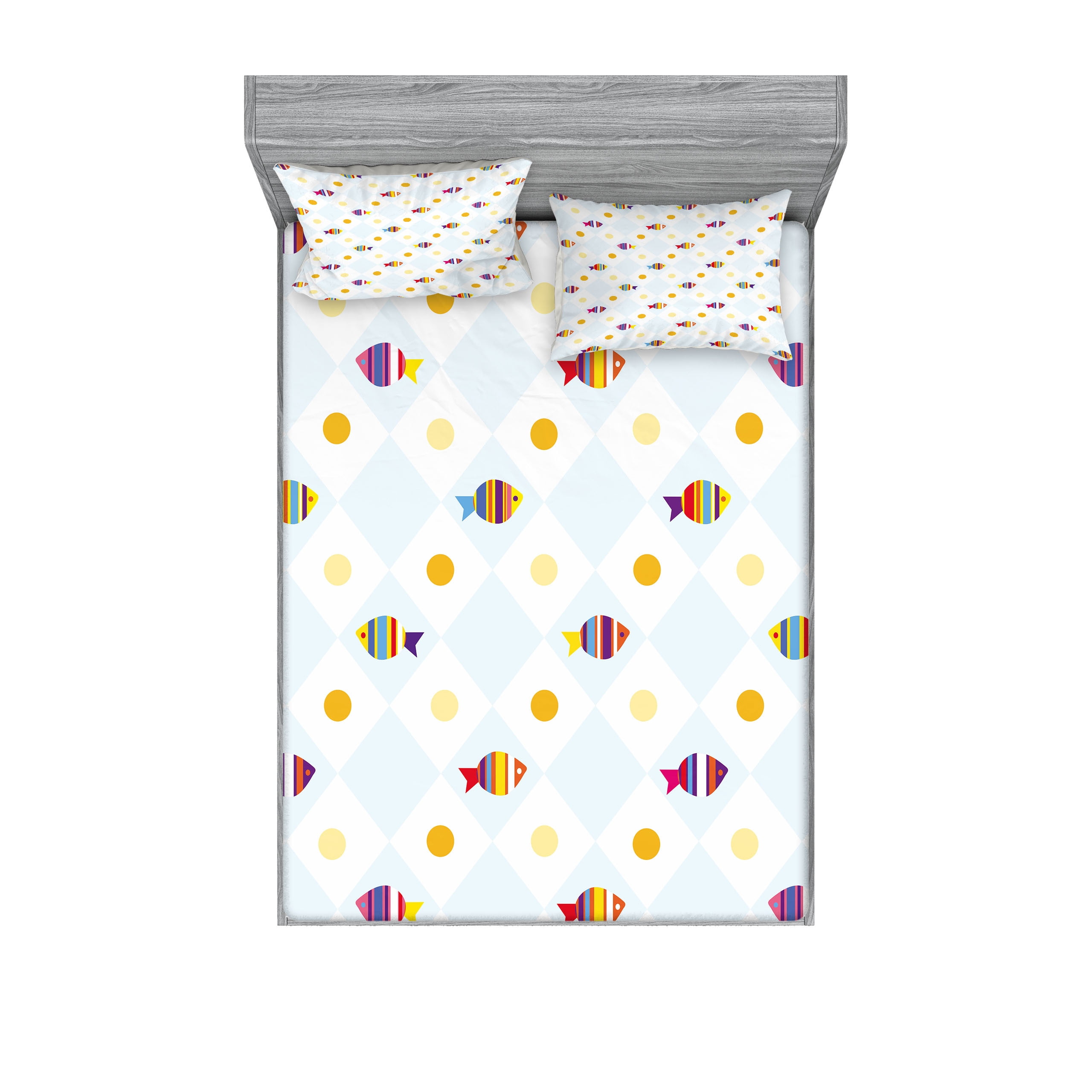 Ambesonne Cartoon Fitted Sheet & Pillow Sham Set, Fish Cartoon with ...