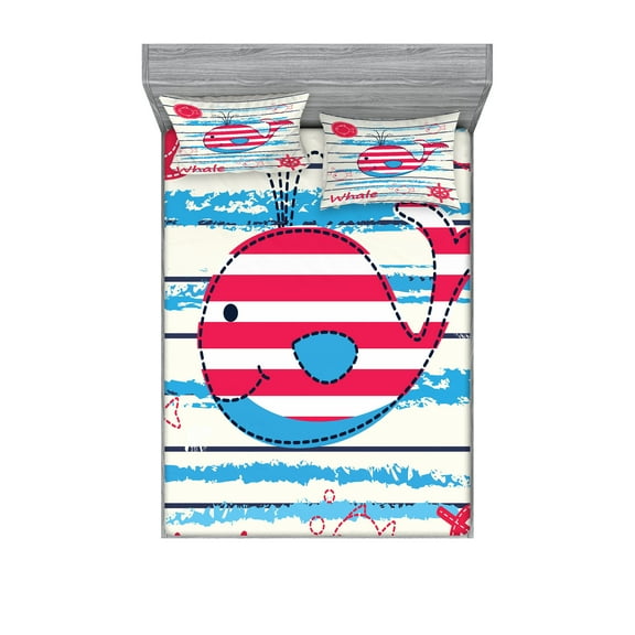 Ambesonne Cartoon Fitted Sheet & Pillow Sham Set, Fish Sailor Marine Sea, Full, Cream Red Blue