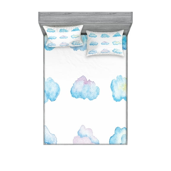 Ambesonne Cartoon Fitted Sheet & Pillow Sham Set, Fluffy Clouds, Full, Blue White