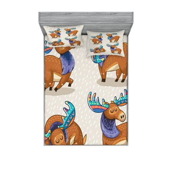 Ambesonne Cartoon Fitted Sheet & Pillow Sham Set, Friendly, Full, Multicolor