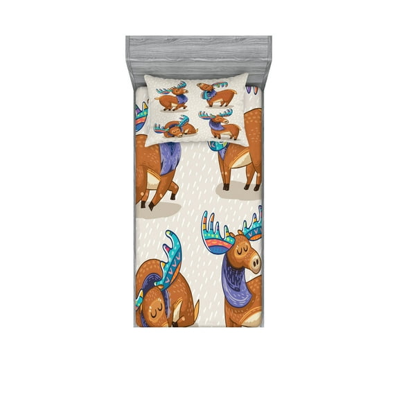 Ambesonne Cartoon Fitted Sheet & Pillow Sham Set, Friendly, Twinxl, Multicolor