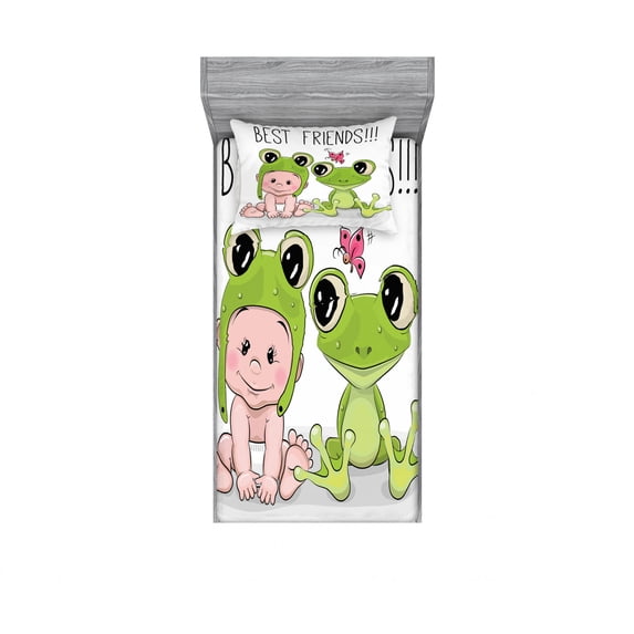 Ambesonne Cartoon Fitted Sheet & Pillow Sham Set, Frog Love Friends, Twin, White Cream Green