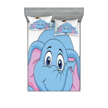 Ambesonne Cartoon Fitted Sheet & Pillow Sham Set, Funny Cartoon Animal Falls, Full, Pink Blue