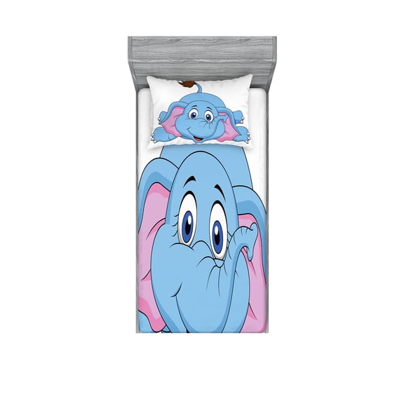 Ambesonne Cartoon Fitted Sheet & Pillow Sham Set, Funny Cartoon Animal Falls, Twin, Pink Blue