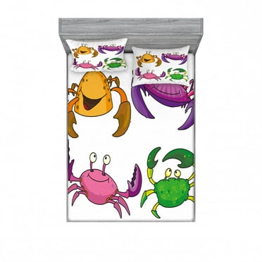 Ambesonne Cartoon Fitted Sheet & Pillow Sham Set, Funny Crabs Pattern, Full, Purple Fern Green