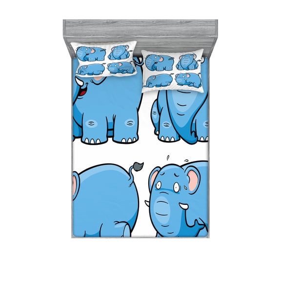 Ambesonne Cartoon Fitted Sheet & Pillow Sham Set, Funny Motifs, Queen, Pale Blue White