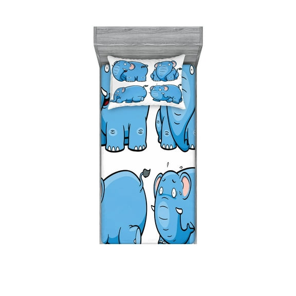 Ambesonne Cartoon Fitted Sheet & Pillow Sham Set, Funny Motifs, Twin, Pale Blue White