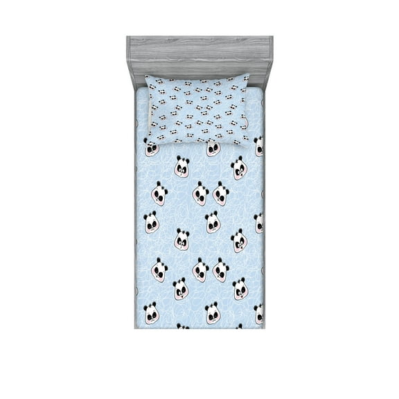 Ambesonne Cartoon Fitted Sheet & Pillow Sham Set, Funny Panda, Twinxl, Black Blue
