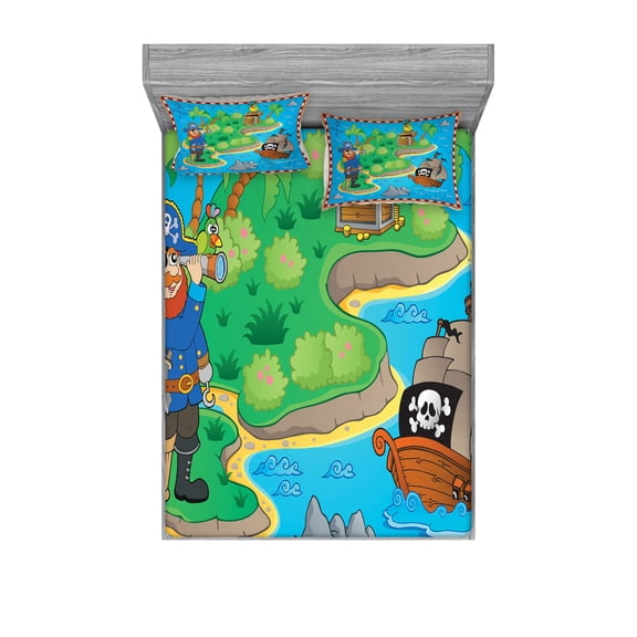 Ambesonne Cartoon Fitted Sheet & Pillow Sham Set, Funny Pirate Ship Island, Queen, Multicolor