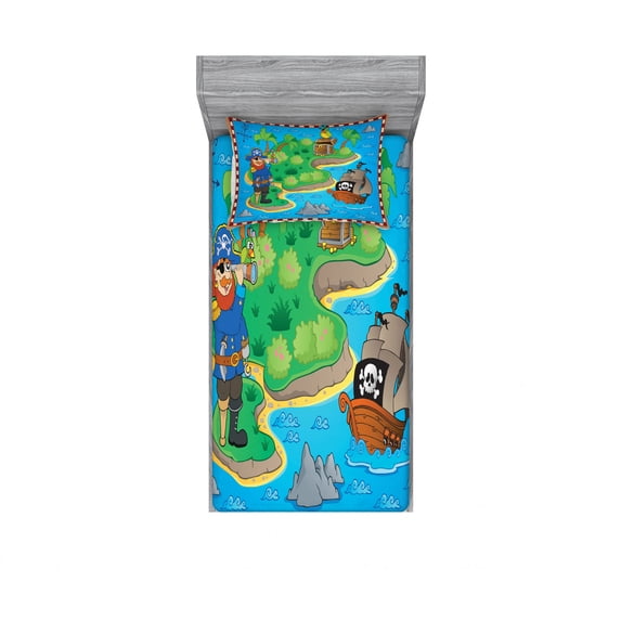 Ambesonne Cartoon Fitted Sheet & Pillow Sham Set, Funny Pirate Ship Island, Twinxl, Multicolor