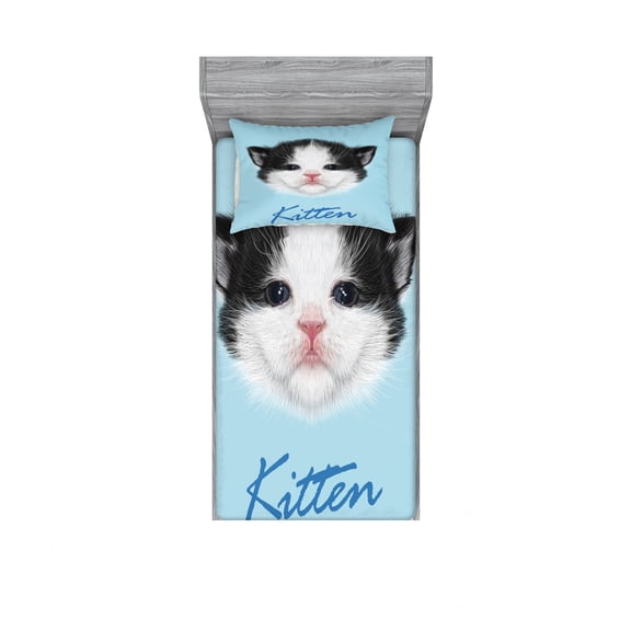 Ambesonne Cartoon Fitted Sheet & Pillow Sham Set, Furry Pink Nose Kitten, Twinxl, Black White Blue